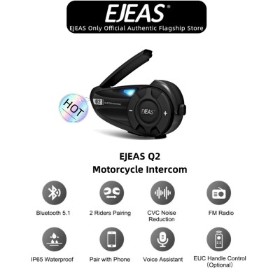 EJEAS Q2摩托车头盔蓝牙对讲耳机，2人实时通话，蓝牙5.1防水1件套
